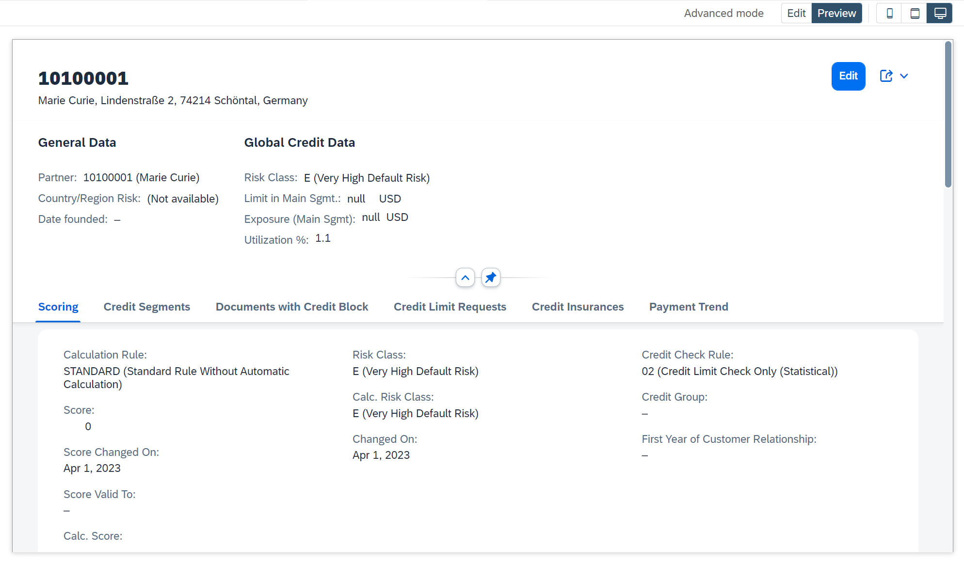 Application Variant: Object Page Preview with Payment Trend Section